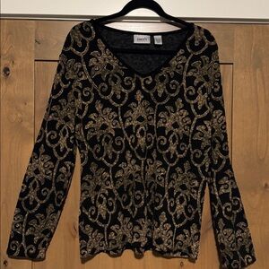 Chicos Travelers gold Foiled long sleeve Shirt top Womens 3/XL Slinky Stretch